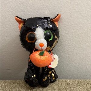 Ty Flippables Sequin Plush Jinx The Black Cat With Pumpkin Large Size 7”
